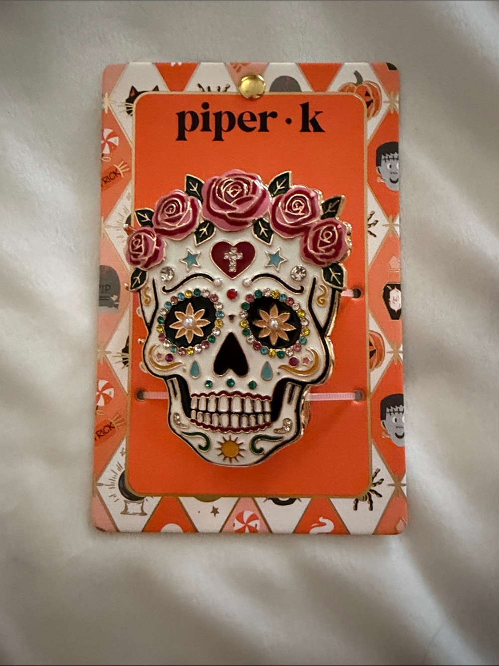 Piper•k Floral Sugar Skull Pin - White & Pink